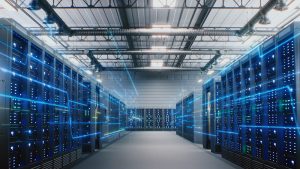 Modern Data Center with Server Racks with blue glowing lines representing Data Flow and Internet Traffic on Servers