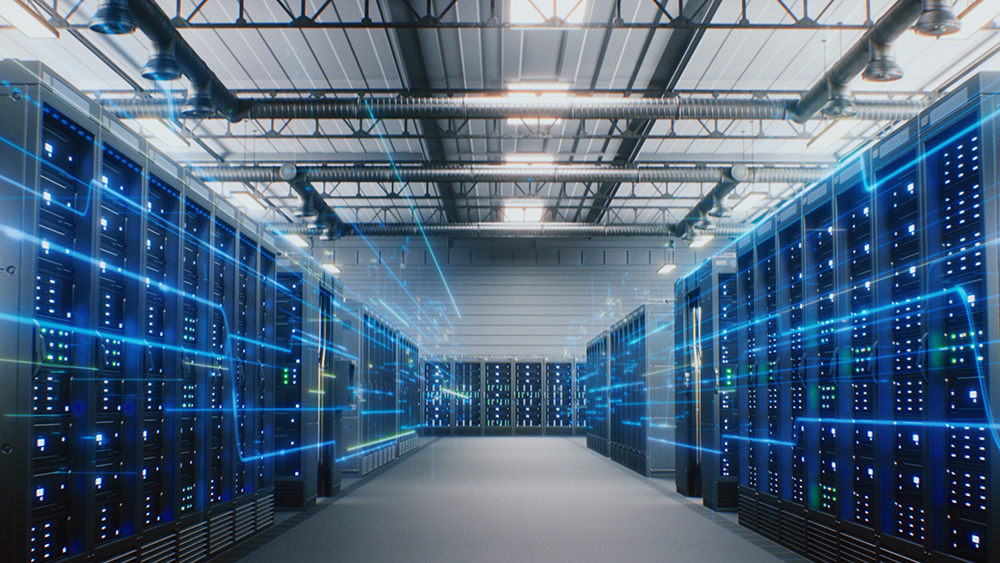 Modern Data Center with Server Racks with blue glowing lines representing Data Flow and Internet Traffic on Servers